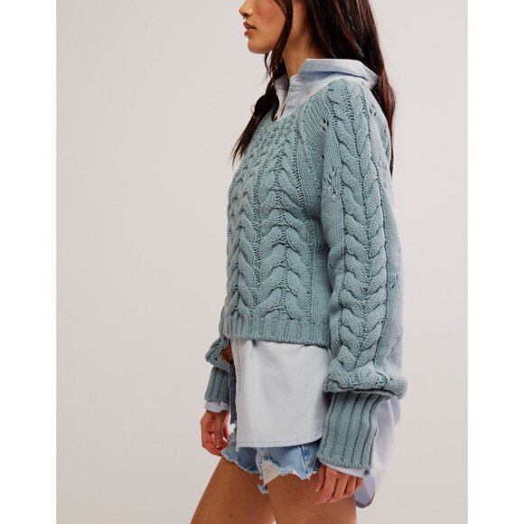 NWT FREE PEOPLE Sandre Pullover / Ancient Turquoise SZ: L - Picture 2 of 9